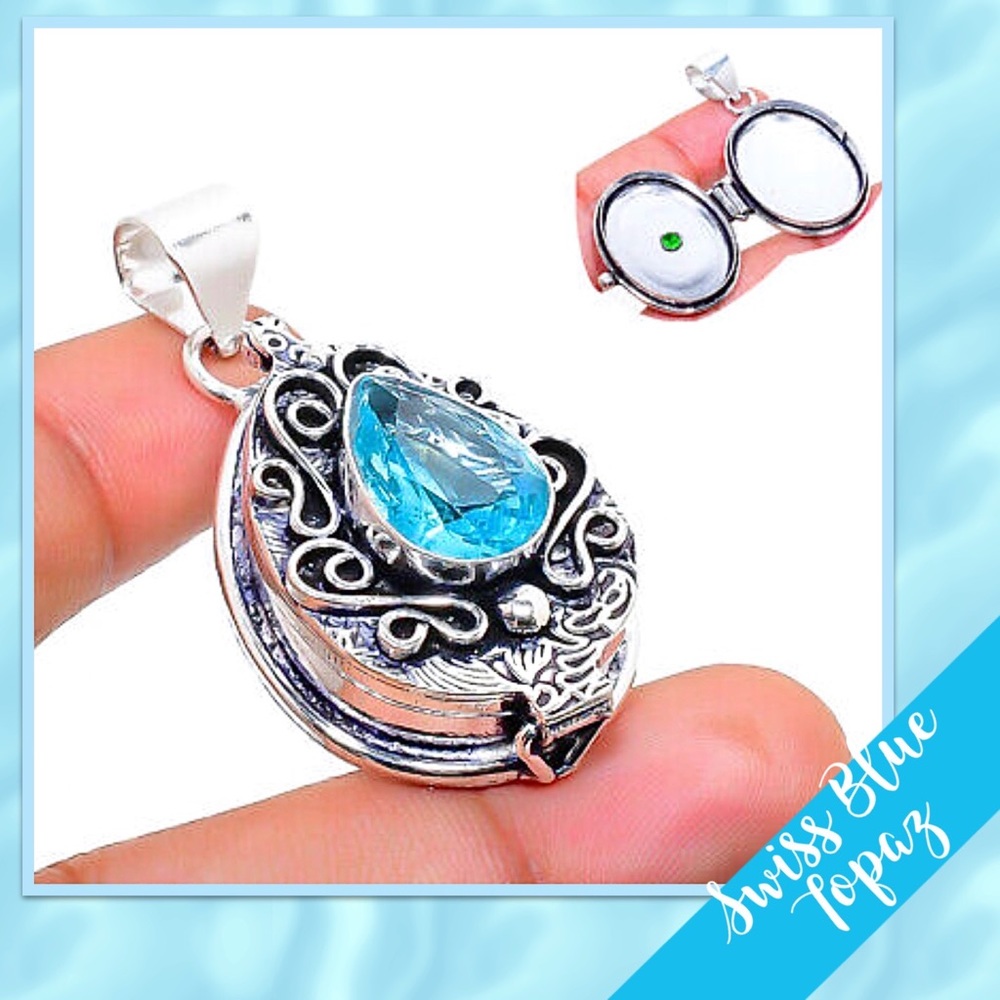 Swiss Blue Topaz Eclectic Silver Poison Pendant, 1.77" (Light Blue)